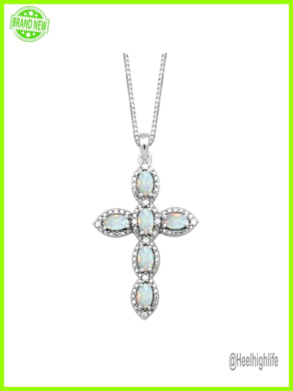 925 Sterling Silver Cross Pendant Necklace with Opal & White Sapphire, 18" Box